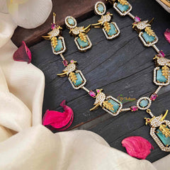 Vriksham Antique Gold-Finish Victorian Parrot & Emerald-Green Stone Short Neckpiece-VV2020
