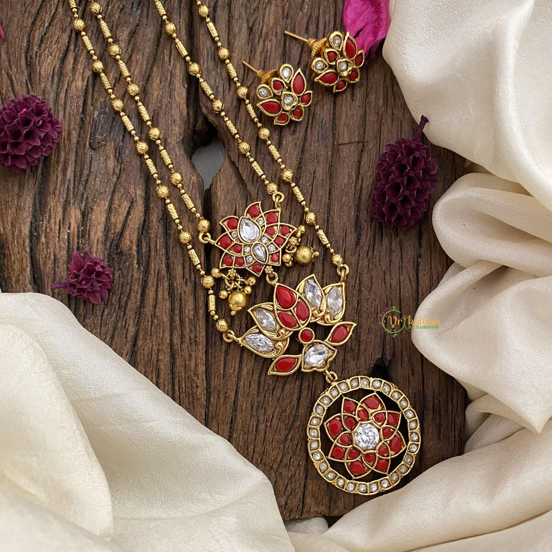 Vriksham 2 Layer Coral Stone Lotus Pendant Chain-Golden Bead-G15655