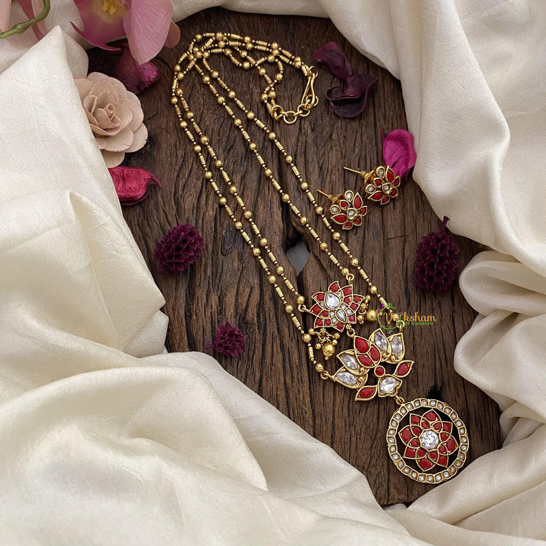 Vriksham 2 Layer Coral Stone Lotus Pendant Chain-Golden Bead-G15655