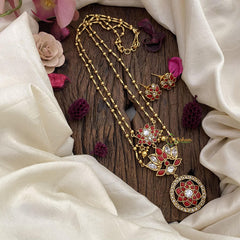 Vriksham 2 Layer Coral Stone Lotus Pendant Chain-Golden Bead-G15655