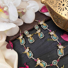Vriksham Antique Gold-Finish Victorian Parrot & Emerald-Green Stone Short Neckpiece-VV2020