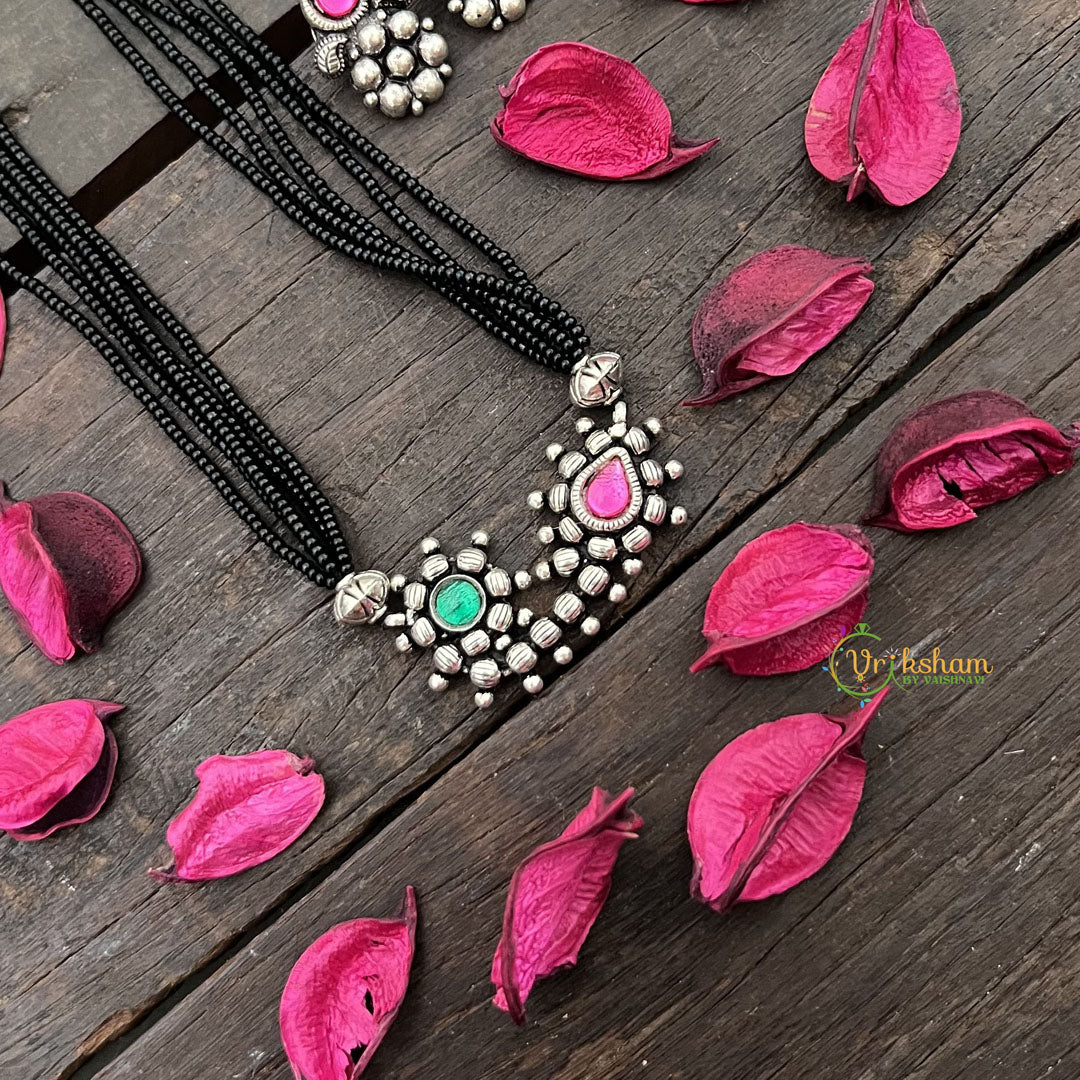 Vriksham Traditional Nath Style Silver Oxidized Pendant With Black Beaded Magalsutra-S1005