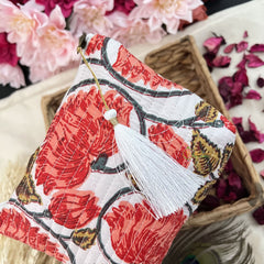 Vriksham Floral Cotton Pouch, Purse for Women with Zipper-White-G19190