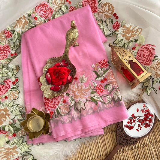 Rose Milk Pink Cut Work Hand embroidery Organza Saree-Handloom-VS3385