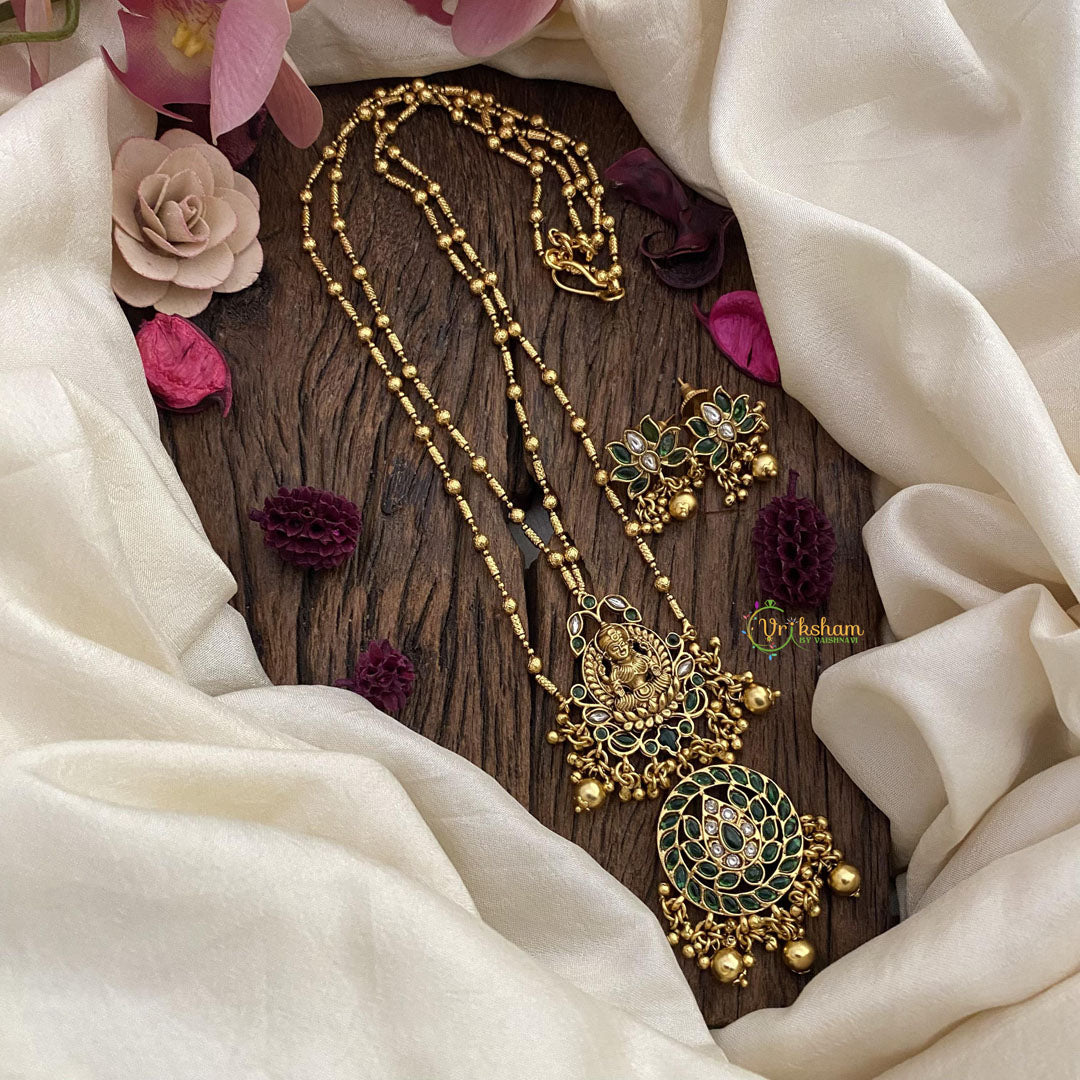 Vriksham 2 Layer Lakshmi Pendant Chain-Golden Bead-Green-G15732