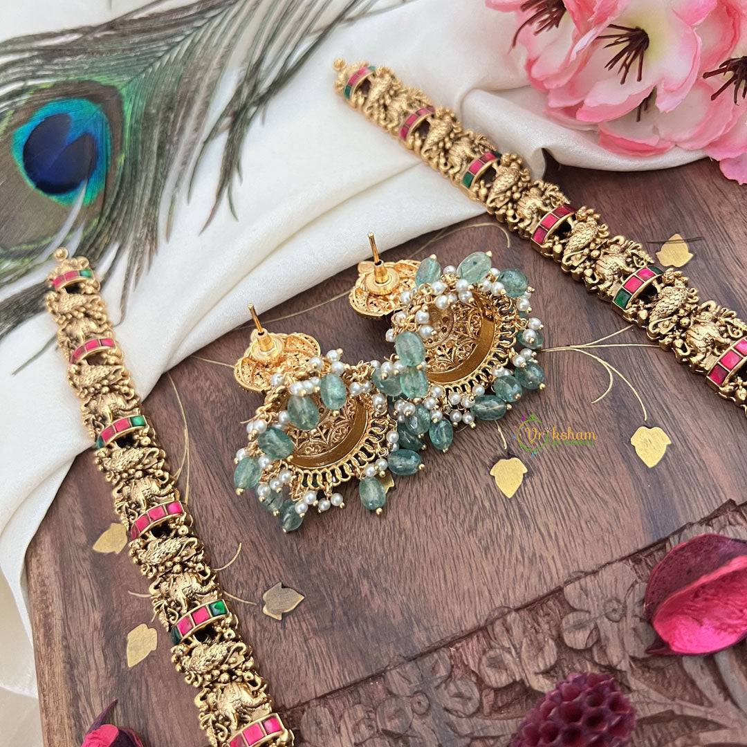 Vriksham Gold Look Alike Lakshmi Long Neckpiece-Pastel Green Bead-G18061