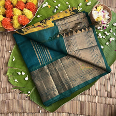 Yellow with Green Border Silk Cotton Kalamkari Saree-VS4159