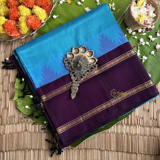 Teal Blue with Grape Wine Temple Border Silk Cotton Saree-Handloom-VS3395