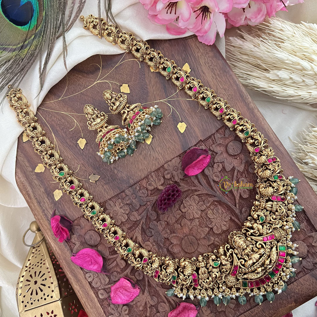 Vriksham Gold Look Alike Lakshmi Peacock Long Neckpiece-Red Green-Pastel Green Bead-G18056