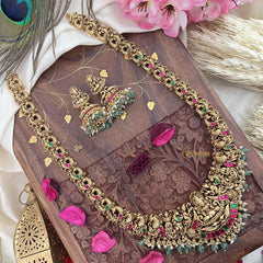 Vriksham Gold Look Alike Lakshmi Peacock Long Neckpiece-Red Green-Pastel Green Bead-G18056