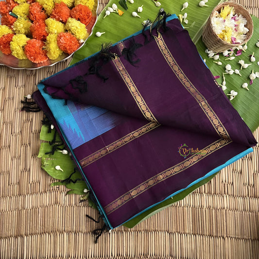 Teal Blue with Grape Wine Temple Border Silk Cotton Saree-Handloom-VS3395