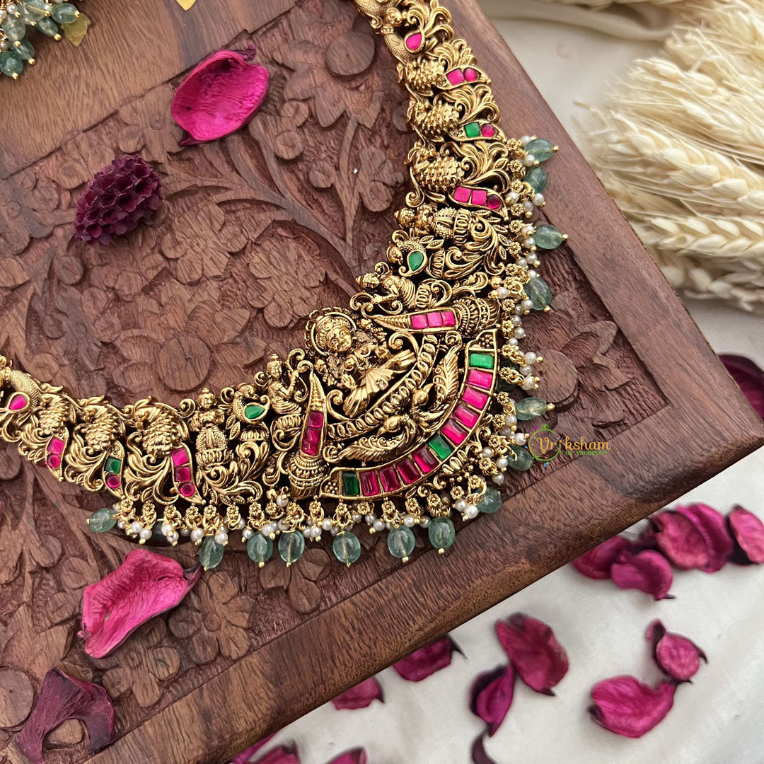 Vriksham Gold Look Alike Lakshmi Peacock Long Neckpiece-Red Green-Pastel Green Bead-G18056