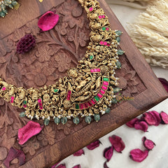 Vriksham Gold Look Alike Lakshmi Peacock Long Neckpiece-Red Green-Pastel Green Bead-G18056