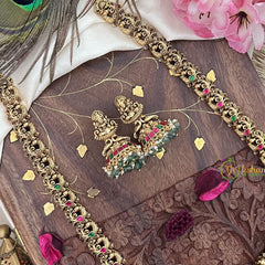 Vriksham Gold Look Alike Lakshmi Peacock Long Neckpiece-Red Green-Pastel Green Bead-G18056