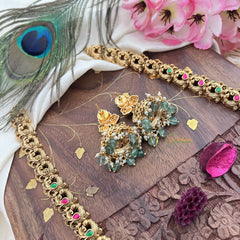 Vriksham Gold Look Alike Lakshmi Peacock Long Neckpiece-Red Green-Pastel Green Bead-G18056