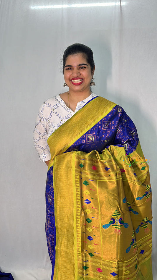 Navy Blue With Light Green Border Bandhani Semi Soft Silk Paithani Saree-VS4136