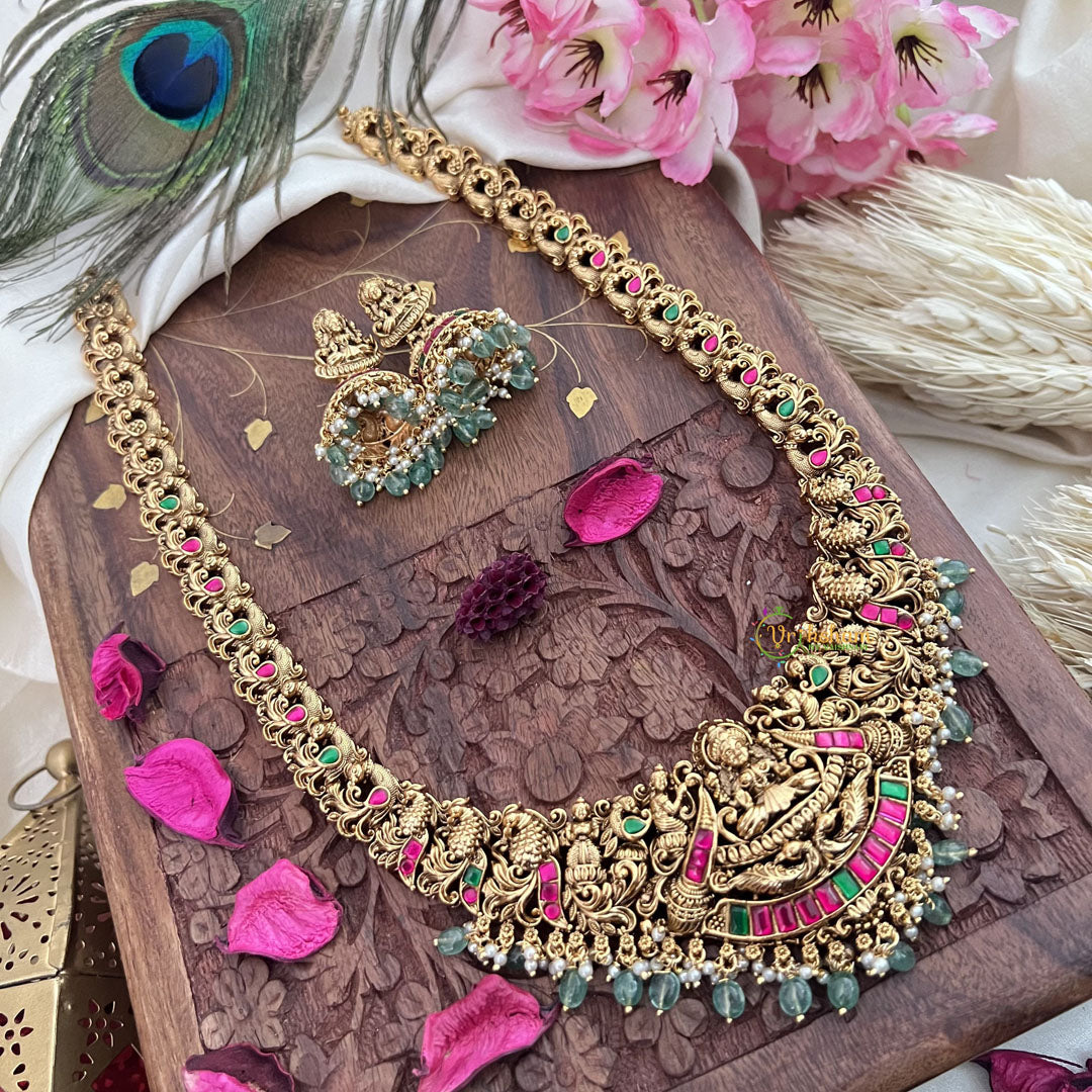 Vriksham Gold Look Alike Lakshmi Peacock Long Neckpiece-Red Green-Pastel Green Bead-G18056