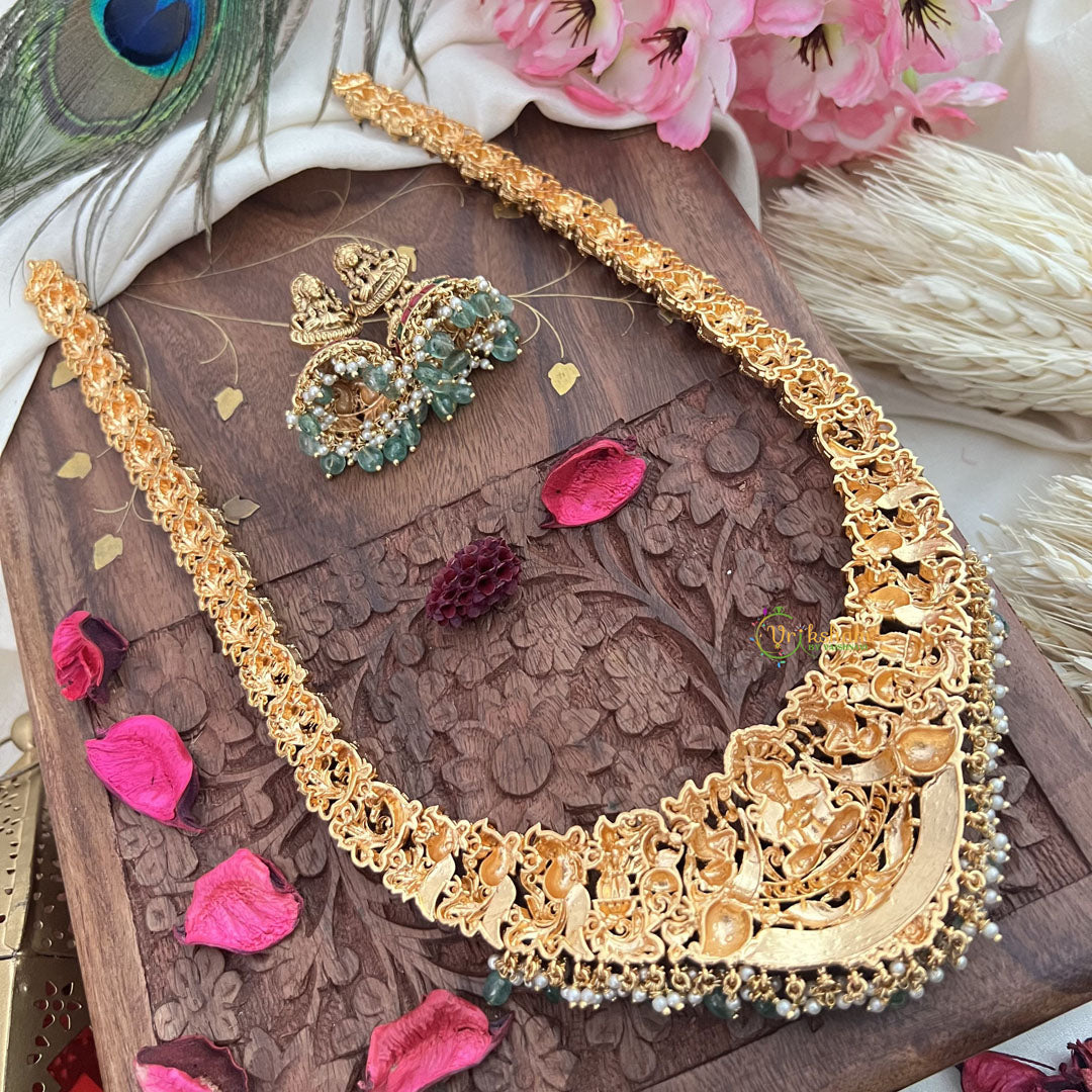 Vriksham Gold Look Alike Lakshmi Peacock Long Neckpiece-Red Green-Pastel Green Bead-G18056