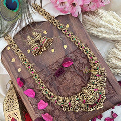Vriksham Gold Look Alike Lakshmi Peacock Long Neckpiece-Red Green-Gold Bead-G18057