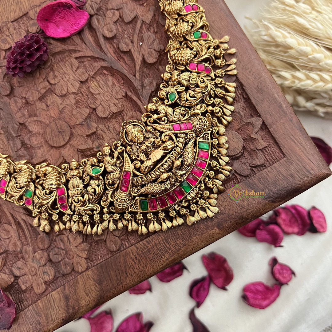 Vriksham Gold Look Alike Lakshmi Peacock Long Neckpiece-Red Green-Gold Bead-G18057