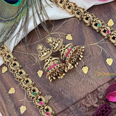 Vriksham Gold Look Alike Lakshmi Peacock Long Neckpiece-Red Green-Gold Bead-G18057