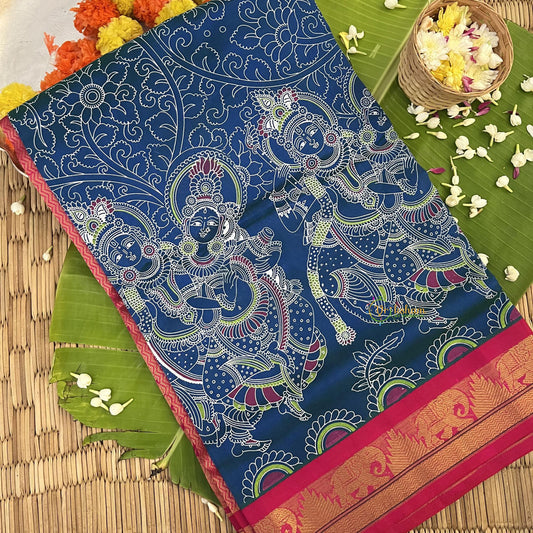 Light Blue with Pink Border Silk Cotton Kalamkari Saree-VS4166