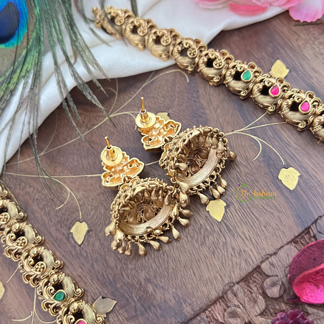 Vriksham Gold Look Alike Lakshmi Peacock Long Neckpiece-Red Green-Gold Bead-G18057