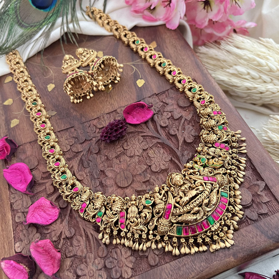 Vriksham Gold Look Alike Lakshmi Peacock Long Neckpiece-Red Green-Gold Bead-G18057