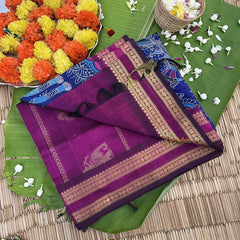 Navy Blue with Pink Border Silk Cotton Kalamkari Saree-VS4164