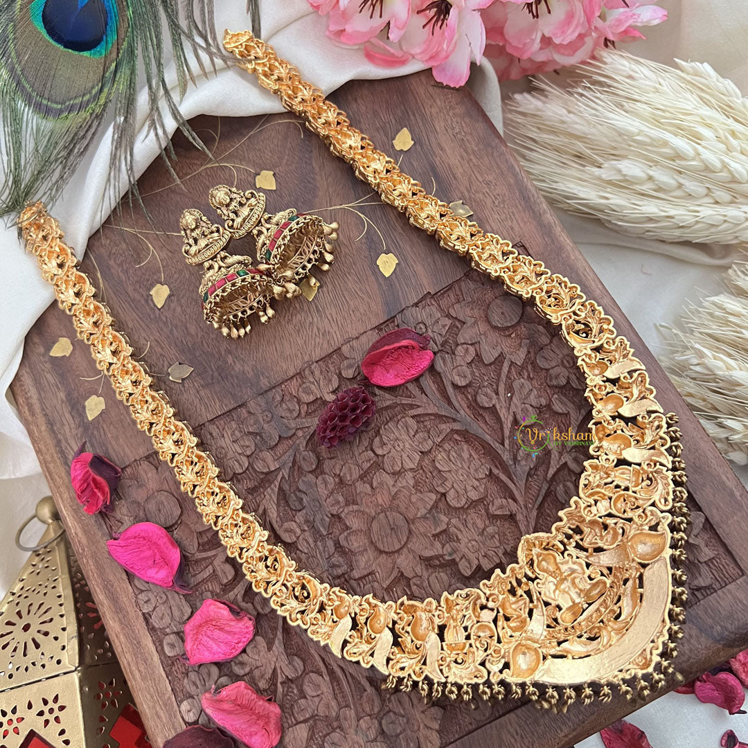 Vriksham Gold Look Alike Lakshmi Peacock Long Neckpiece-Red Green-Gold Bead-G18057