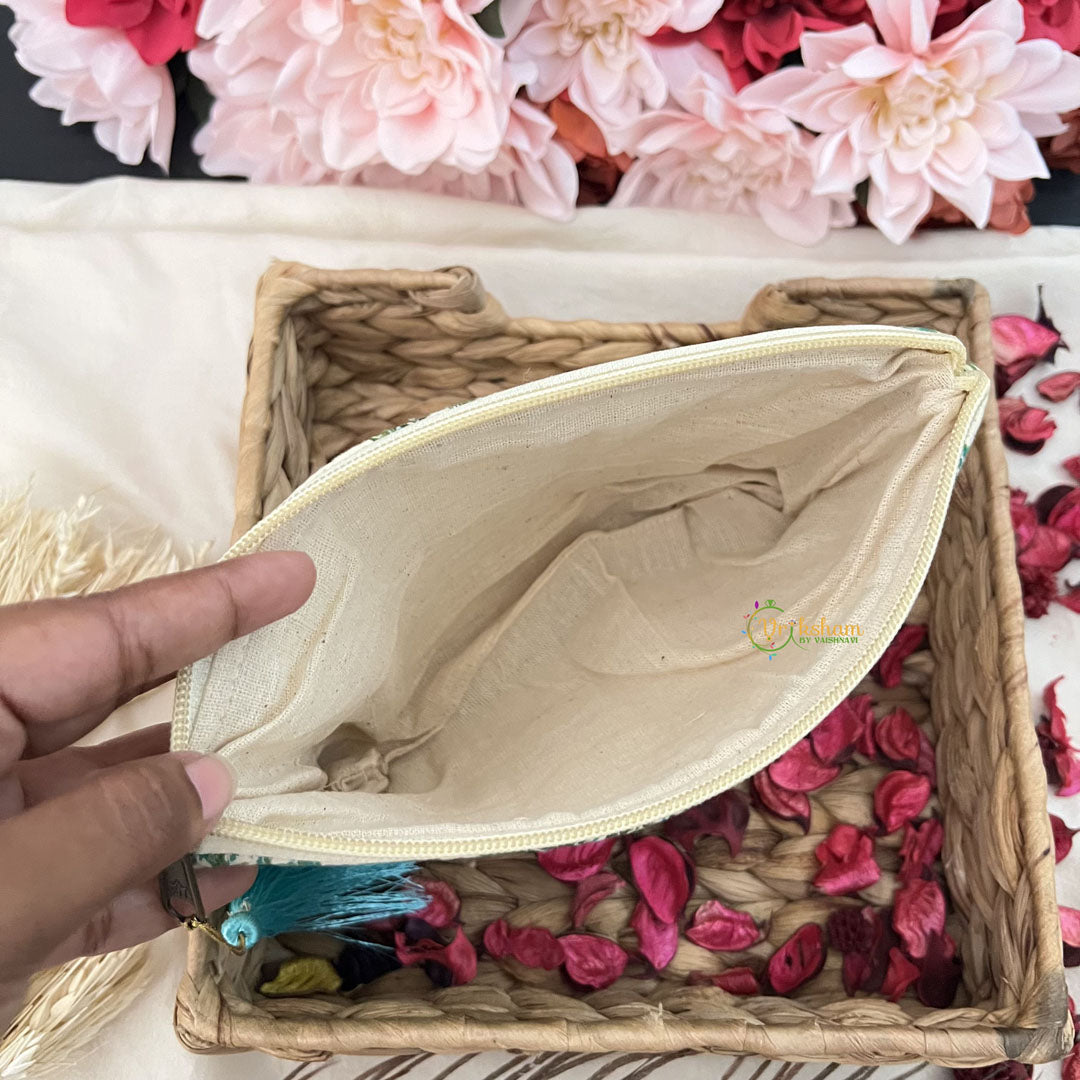Vriksham Off White Floral with Leaf Cotton Pouch, Purse for Women with Zipper-G19046