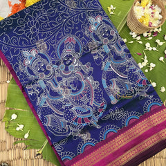 Navy Blue with Pink Border Silk Cotton Kalamkari Saree-VS4164