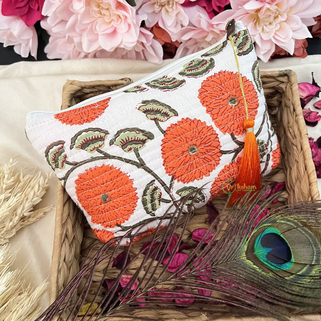 Vriksham Cotton Pouch, Purse for Women with Zipper-Floral Print-White-G19040