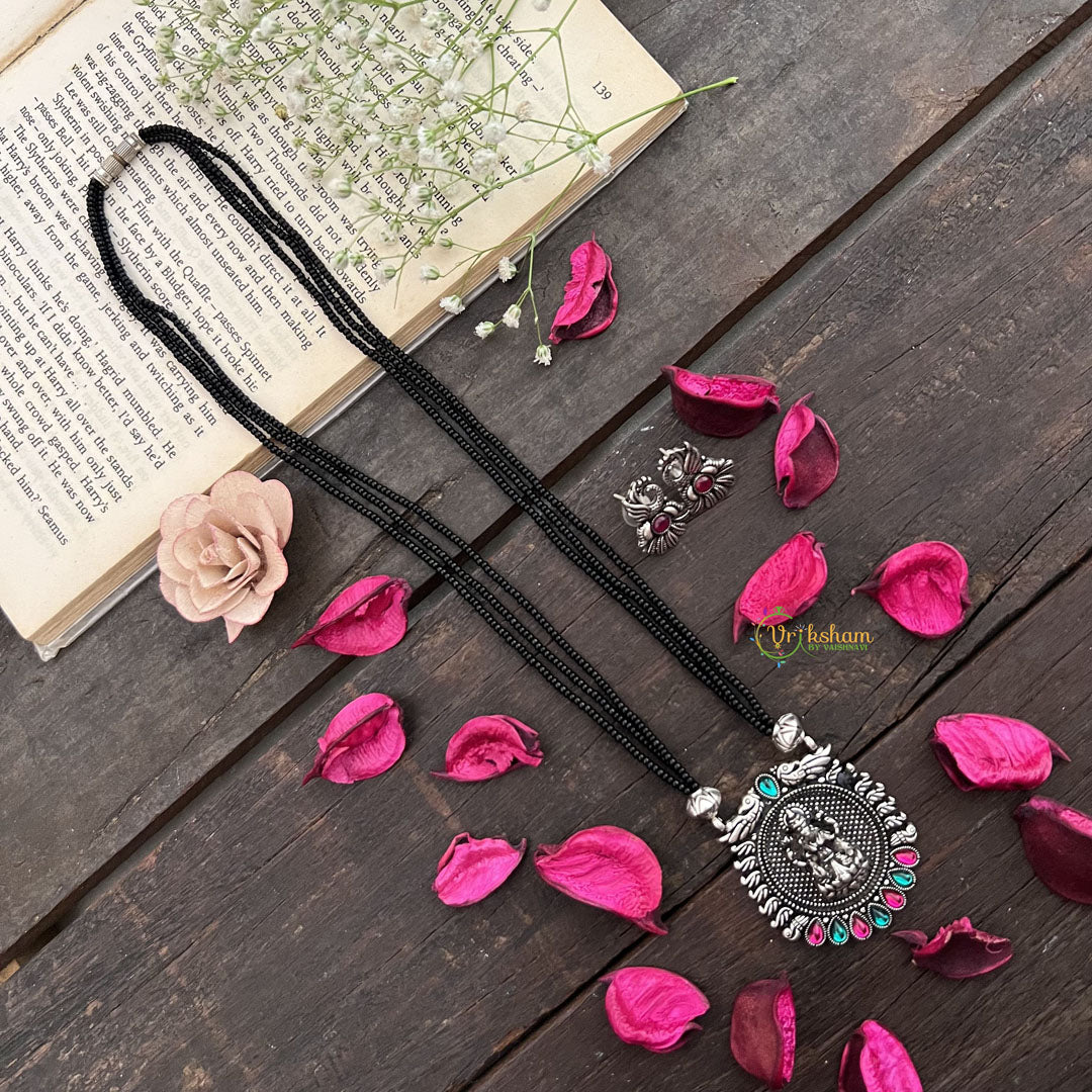 Vriksham Designer Lakshmi Style Silver Oxidized Pendant With Black Beaded Magalsutra-S997