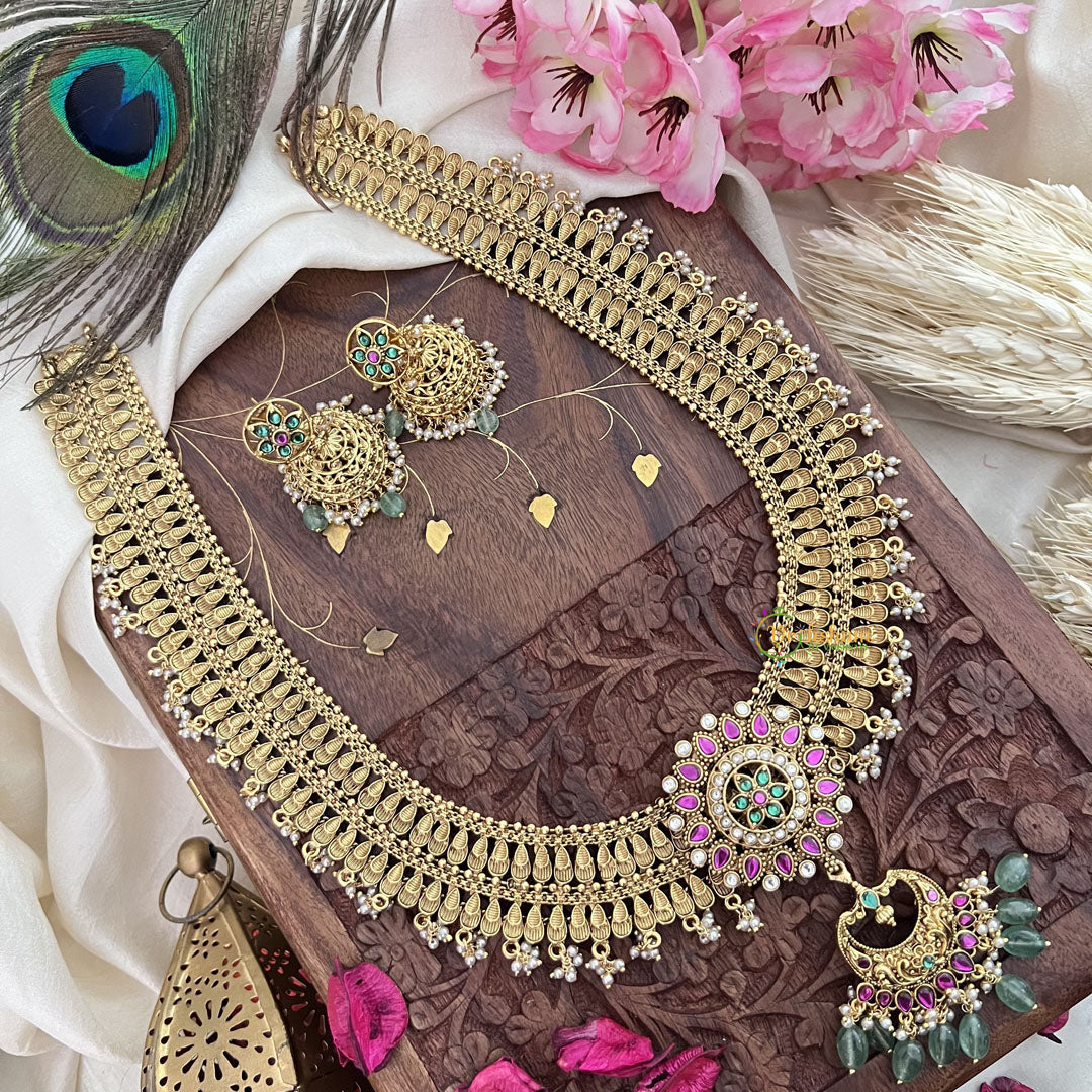 Vriksham Gold Look Alike Chandbali Pendant Long Neckpiece-Pastel Green Bead-G18049