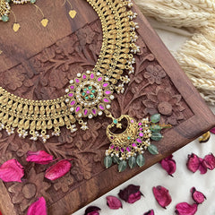 Vriksham Gold Look Alike Chandbali Pendant Long Neckpiece-Pastel Green Bead-G18049