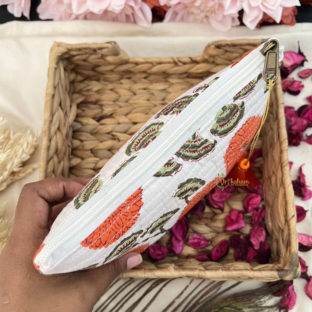 Vriksham Cotton Pouch, Purse for Women with Zipper-Floral Print-White-G19040