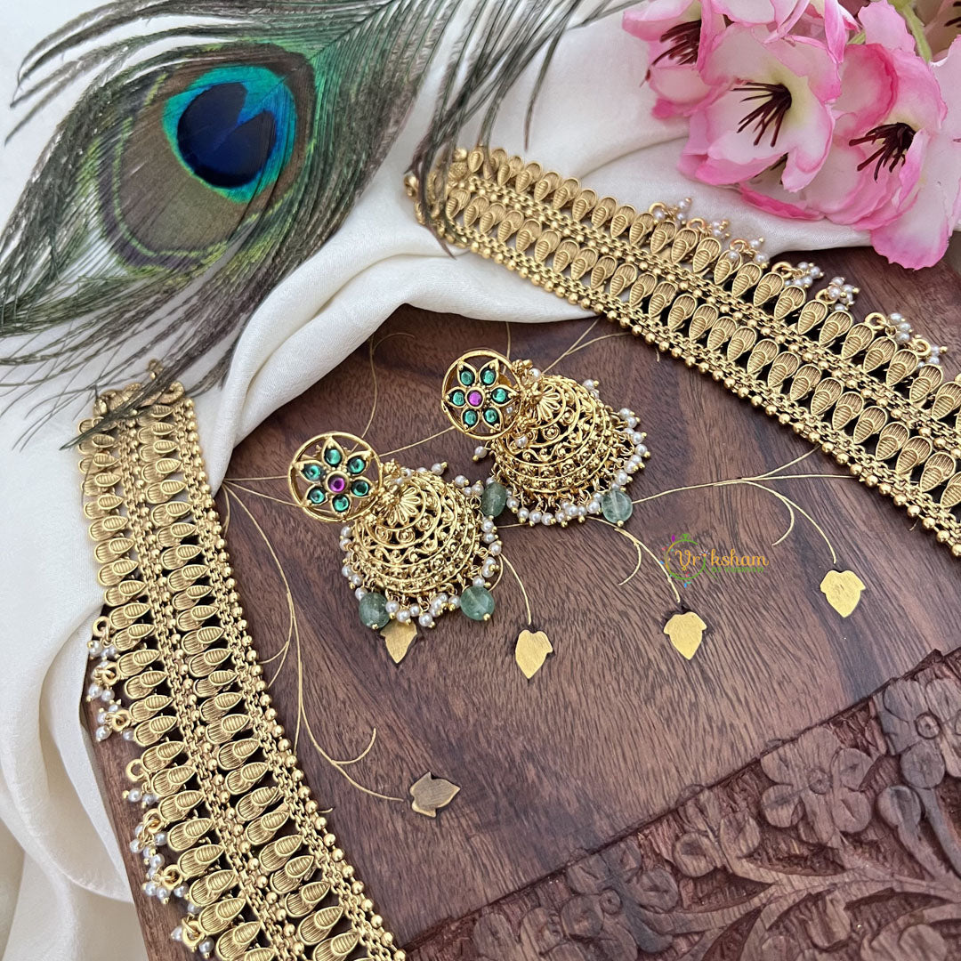 Vriksham Gold Look Alike Chandbali Pendant Long Neckpiece-Pastel Green Bead-G18049