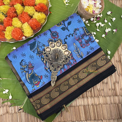 Sky Blue with Black Border Silk Cotton Kalamkari Saree-VS4162