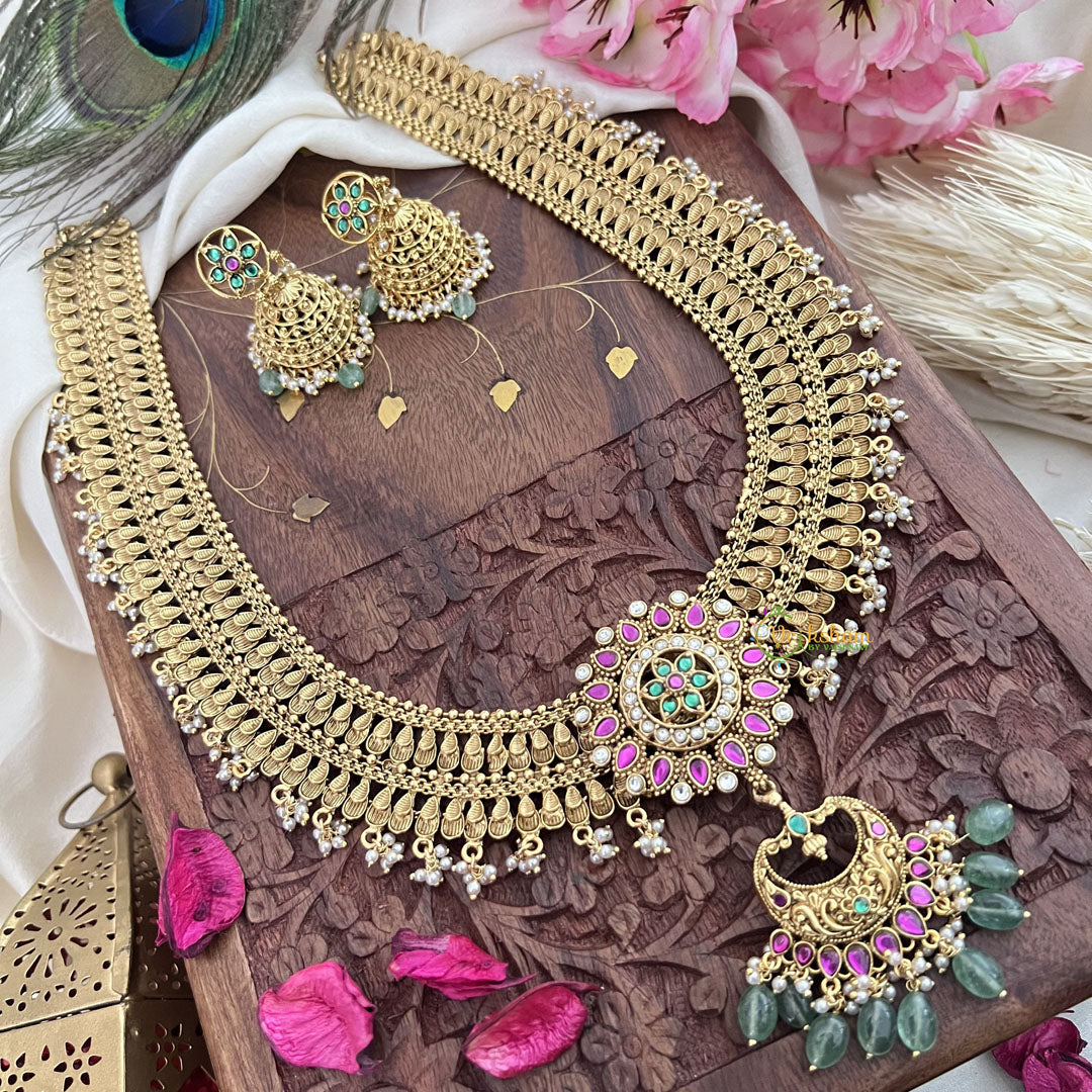 Vriksham Gold Look Alike Chandbali Pendant Long Neckpiece-Pastel Green Bead-G18049