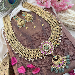 Vriksham Gold Look Alike Chandbali Pendant Long Neckpiece-Pastel Green Bead-G18049