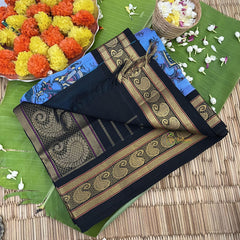 Sky Blue with Black Border Silk Cotton Kalamkari Saree-VS4162