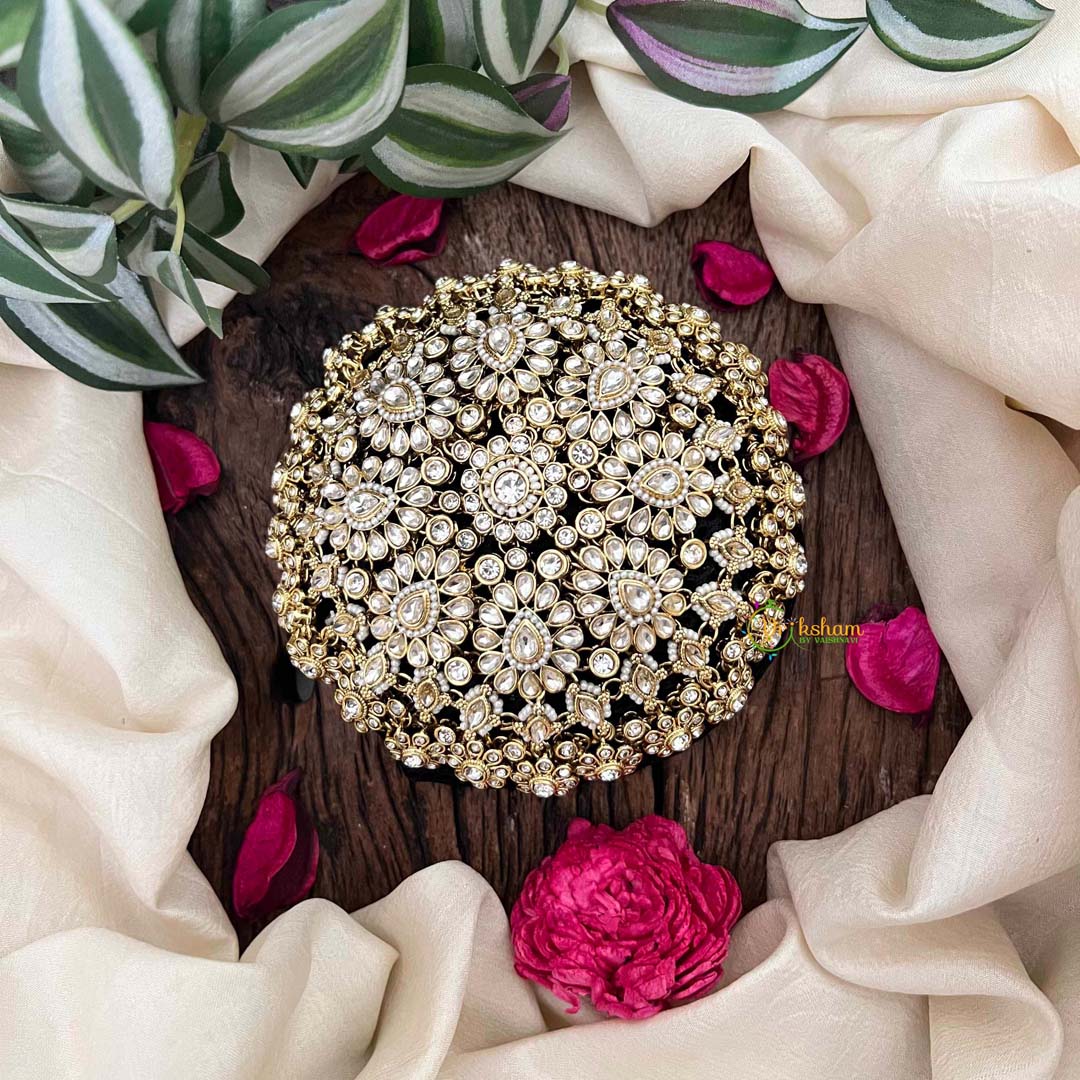 Vriksham Classic Pear Style Floral Gold Stone Work Hair Bun Net With Hair Bun Cage Accessory-BH1268