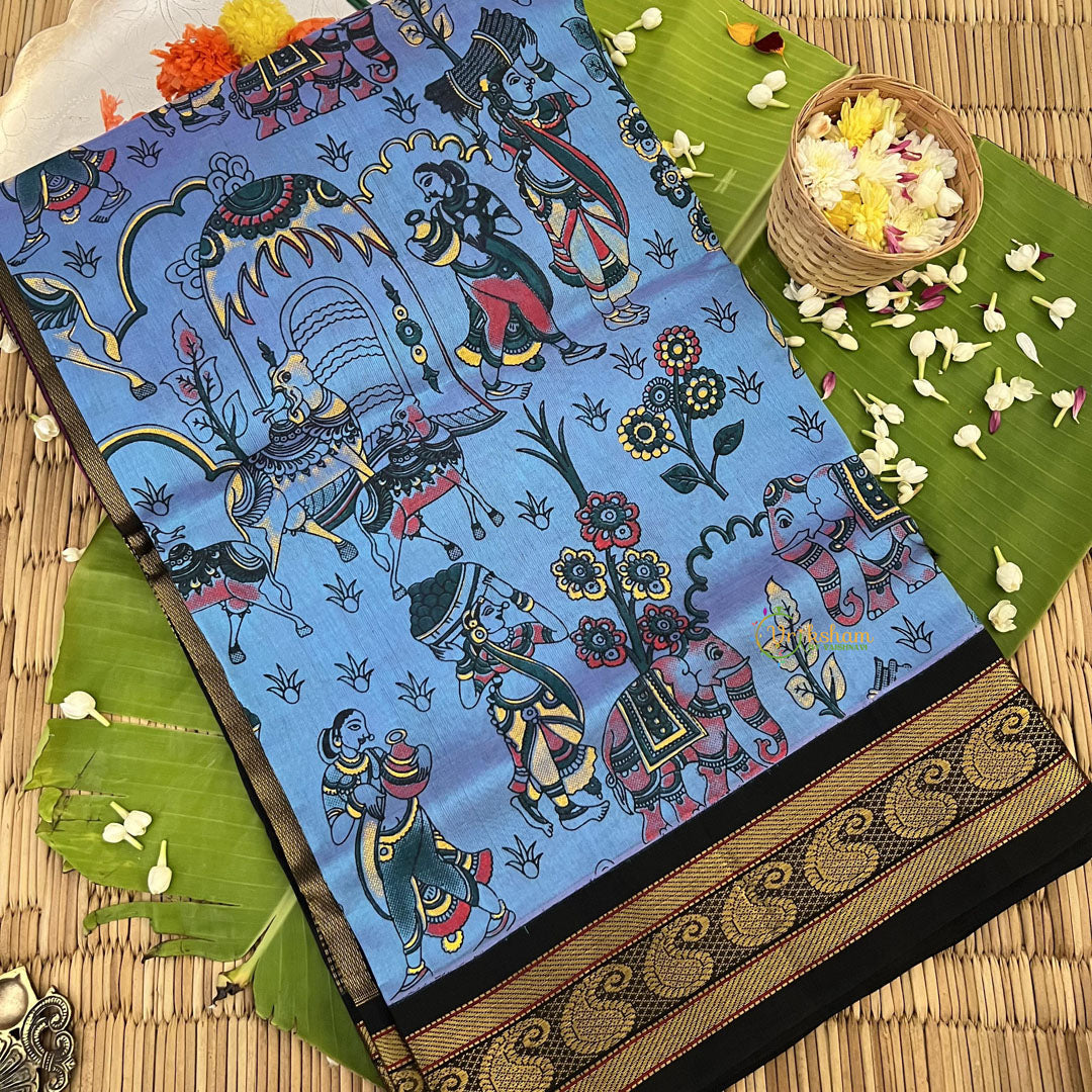 Sky Blue with Black Border Silk Cotton Kalamkari Saree-VS4162