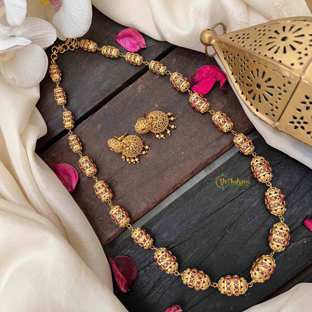 Vriksham Antique Gold Barrel Ruby Inspired Beaded Mala Neckpiece-G21988
