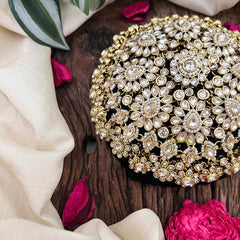 Vriksham Classic Pear Style Floral Gold Stone Work Hair Bun Net With Hair Bun Cage Accessory-BH1268