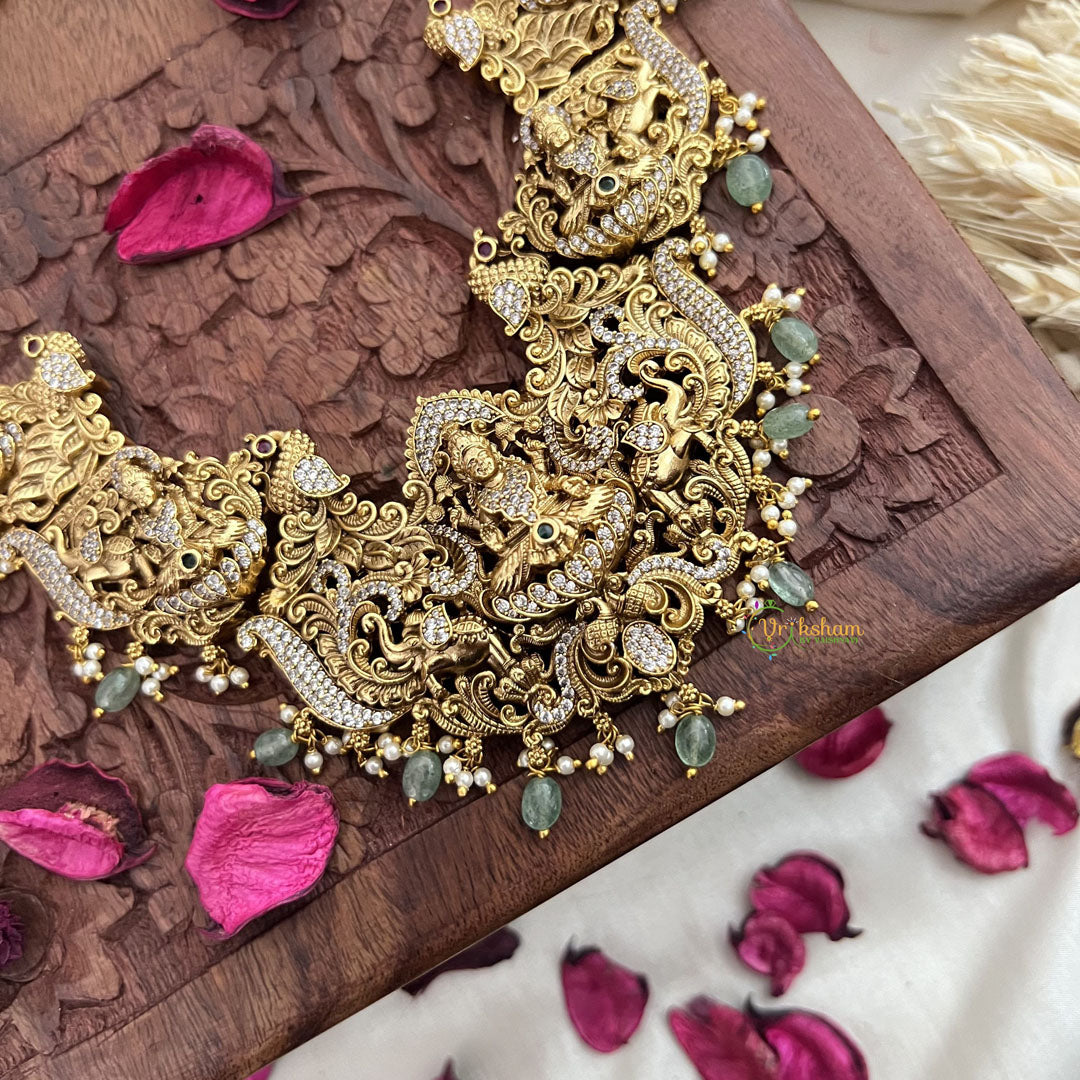 Vriksham AD Stone Lakshmi With Peacock & Elephant Long Neckpiece-Pastel Green Bead-G18045