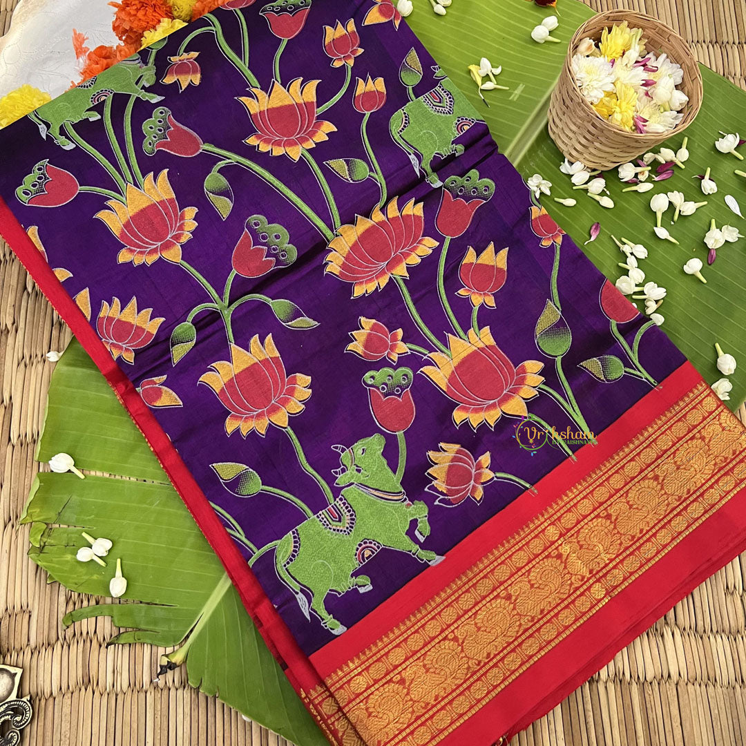 Purple with Red Border Silk Cotton Kalamkari Saree-VS4163