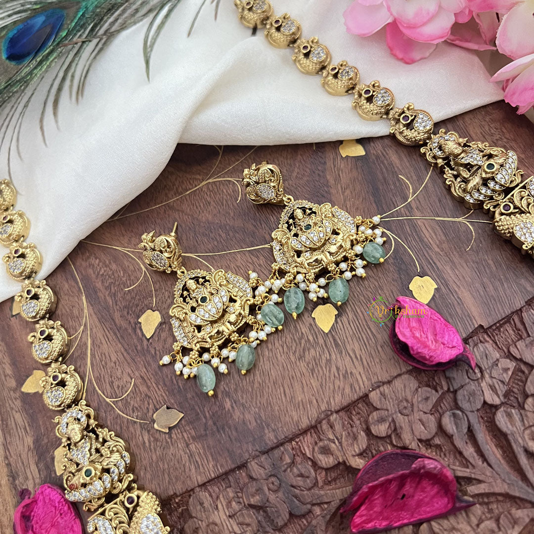 Vriksham AD Stone Lakshmi With Peacock & Elephant Long Neckpiece-Pastel Green Bead-G18045