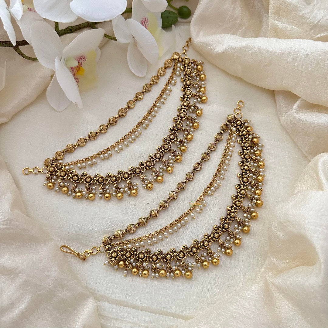 Stylish 3 Layer Pearl & Gold Bead Maatil-Ear Chain-G14256